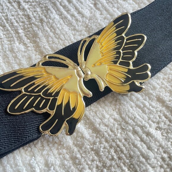 Vintage 80s Butterfly Gold Tone & Black Wide Stretch Cinch Belt - Picture 4 of 5